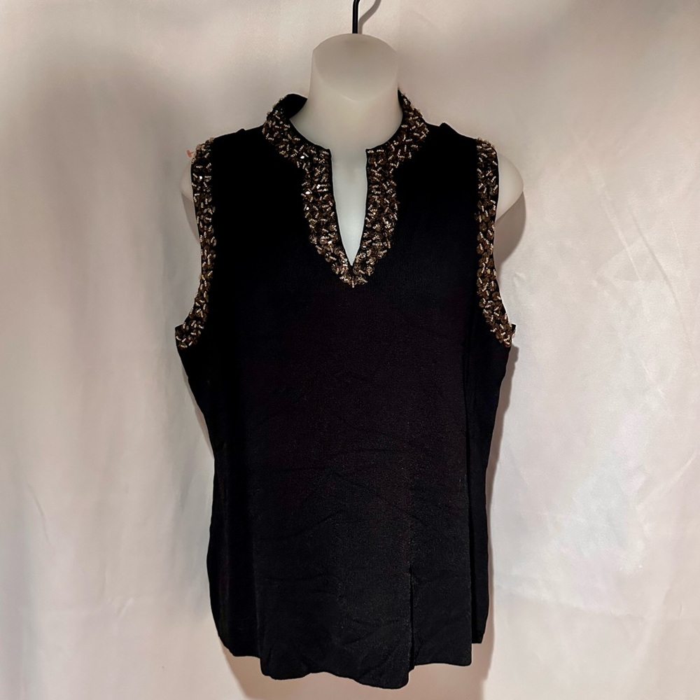Vintage Elegant Black Knit Sleeveless Beaded Dressy Beaded Tank Top